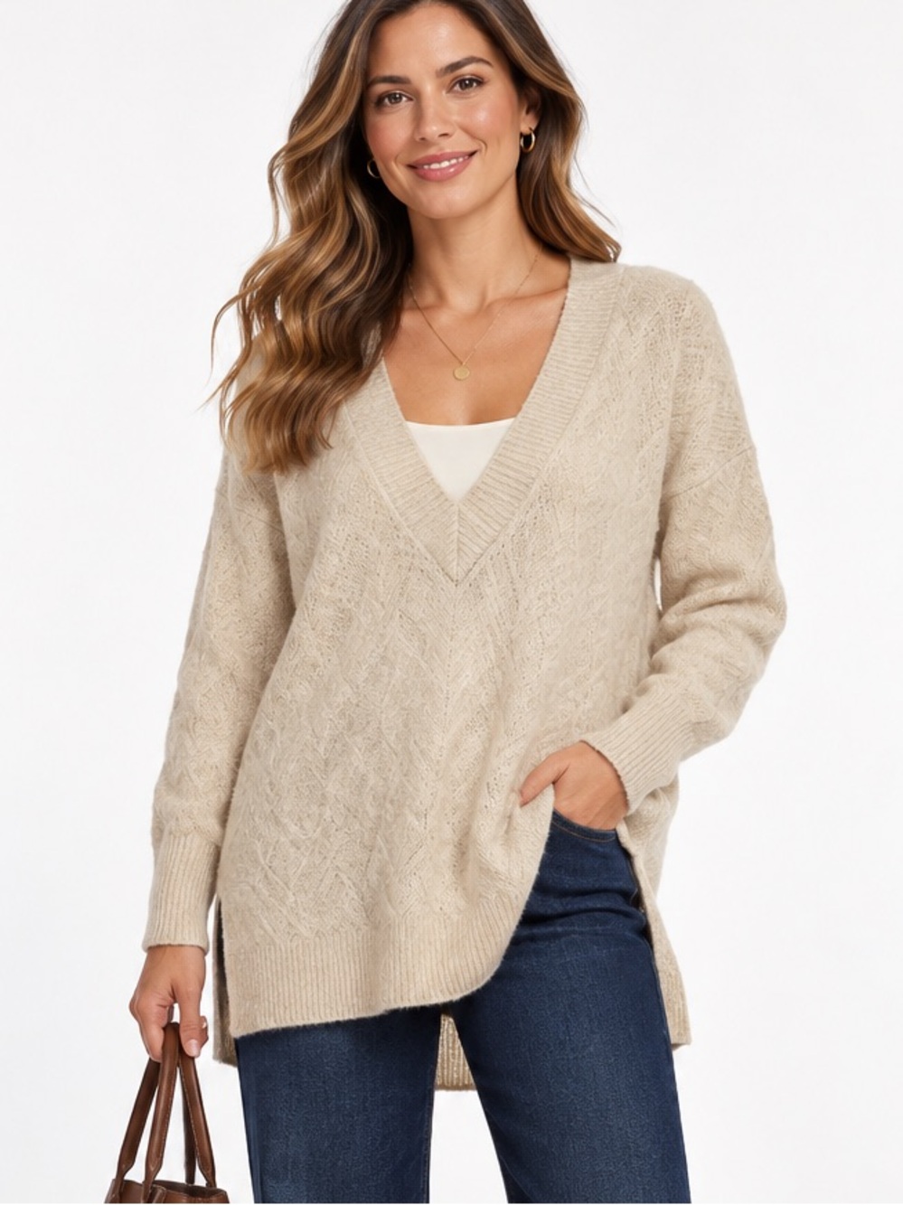 Chico’s Oatmeal Cream Diamond Knit V-Neck Soft and Cozy Tunic Sweater Size 1 / M